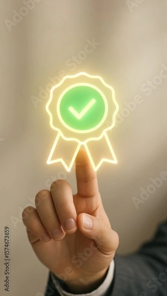 Fototapeta Hand reaches for glowing ribbon with green checkmark in soft light, symbolizing success, recognition, and achievement in production planning and control