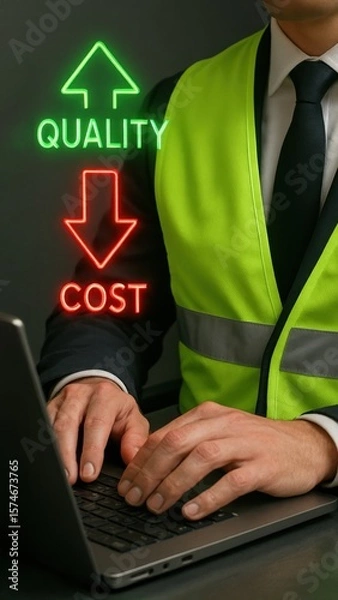 Fototapeta Person in suit and safety vest types on laptop with icons for quality up and cost down, showing production planning and control