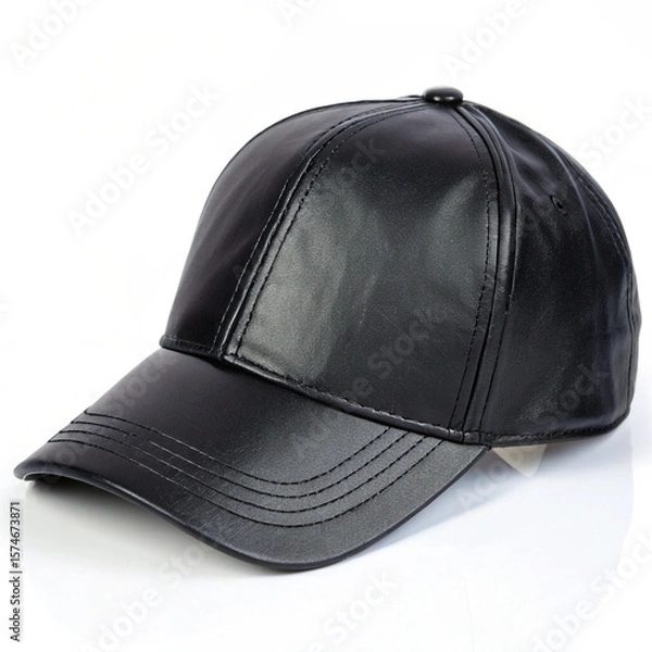 Fototapeta A plain black baseball cap is angled to show its front and side on a clean white background.