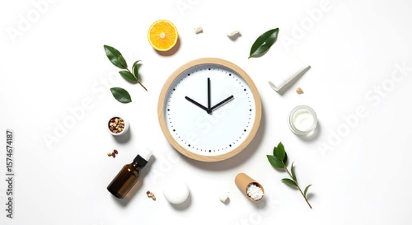 Obraz Clock with natural ingredients and skincare essential oil