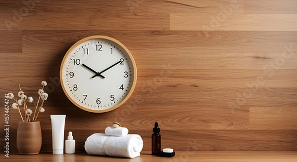 Obraz Clock with spa items on wood towels lotion