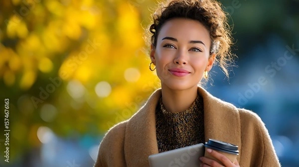 Fototapeta Smiling woman in a warm coat enjoying coffee and a tablet in a vibrant autumnal outdoor setting.