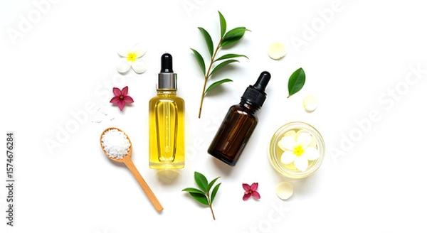 Obraz Essential oils and botanical elements amber bottle