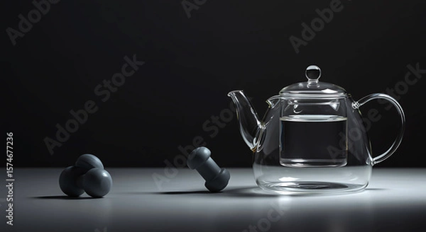 Obraz Glass teapot with water and grey spheres clear dark background