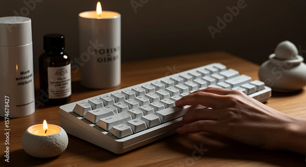 Obraz Hand typing on white keyboard with candles light