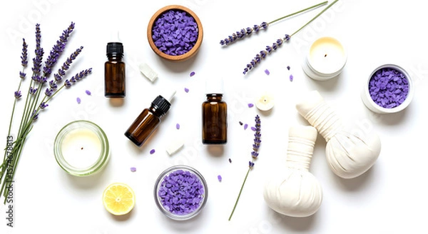 Obraz Lavender essential oils and spa items dropper bottles