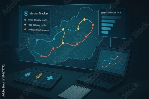 Fototapeta Mission Tracker Dashboard Displaying Water, Food, and Medical Aid Routes with Geographic Map and Effectiveness Index
