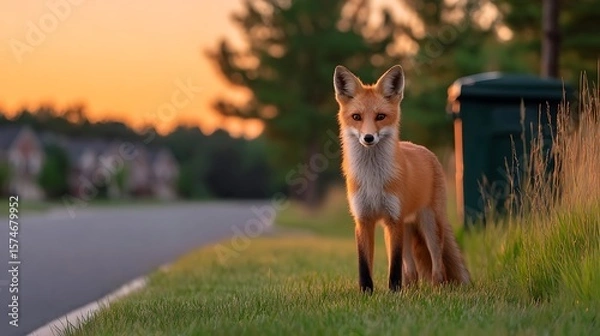 Fototapeta A fox poses on a lawn at sunset with a road houses and trees in the blurred background Serene moment.
