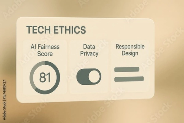 Fototapeta Tech Ethics Panel Showing AI Fairness Score, Data Privacy Status, and Responsible Design Metrics in Minimal Interface
