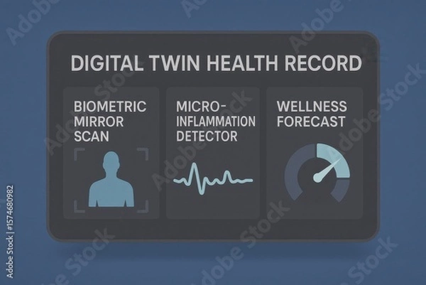 Fototapeta Digital Twin Health Interface Showing Biometric Mirror Scan, Micro-Inflammation Detection, and Wellness Forecast Panel
