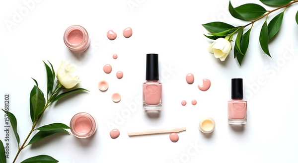 Obraz Pink nail polish bottles and cream jars with flowers