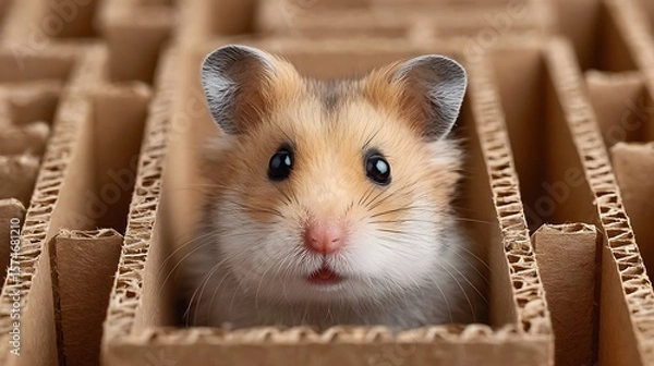 Fototapeta Hamster in a cardboard maze with curious eyes and fluffy fur exploring its miniature cardboard world.