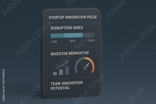 Fototapeta image.pngStartup Innovation Pulse Dashboard Displaying Disruption Index, Investor Momentum, and Team Innovation Potential in Dark Mode
