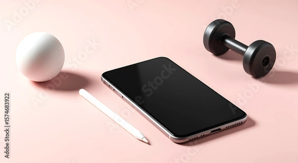Obraz White sphere black phone stylus dumbbell pink background