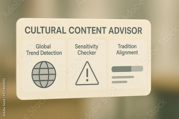 Fototapeta Cultural Content Advisor Dashboard Showing Global Trend Detection, Sensitivity Checker, and Tradition Alignment Score
