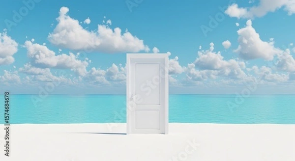 Fototapeta Surreal white door on a tropical beach, facing the calm ocean and sky full of fluffy clouds, representing imagination or freedom

