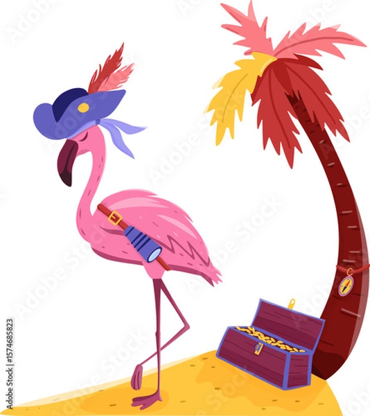 Fototapeta Flamingo Vector. flamingo captain on the island with palm. Tropical Bird with hat and chest of gold. Summer time. Isolated on white background. Hand drawn illustration.