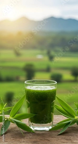 Fototapeta Healthy green smoothie in a clear glass placed on rustic wood with a panoramic view of green landscape and morning light. Ideal for wellness, vegan, or nature-themed visuals.


