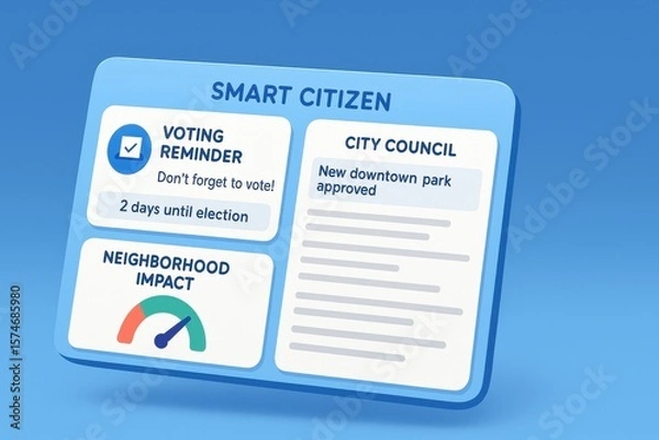 Fototapeta Smart Citizen Dashboard Showing Voting Reminder, Neighborhood Impact Meter, and Local City Council Policy Update
