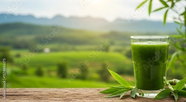 Fototapeta Refreshing green juice in a glass on wooden table with scenic background of lush green hills and sunlight. Perfect for wellness, detox, nature, or organic lifestyle concepts.

