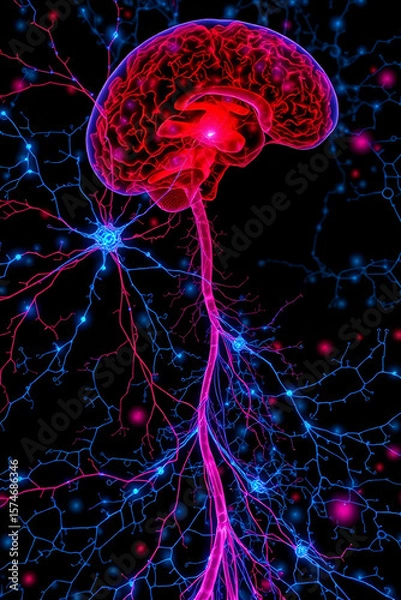 Obraz Neural tracing visualization (16:9): Enteric neurons (blue) send signals to the brain (red) via the vagus nerve, with emotional states as colored clouds --ar 16:9