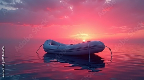 Fototapeta A bright orange inflatable boat floating on water reflecting the soft pink and purple hues of a sunset.