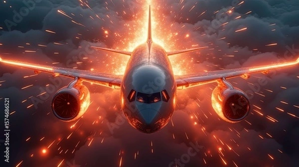 Fototapeta Plane crash in air burning wrecks engine fire due to failure explosion fuel danger
