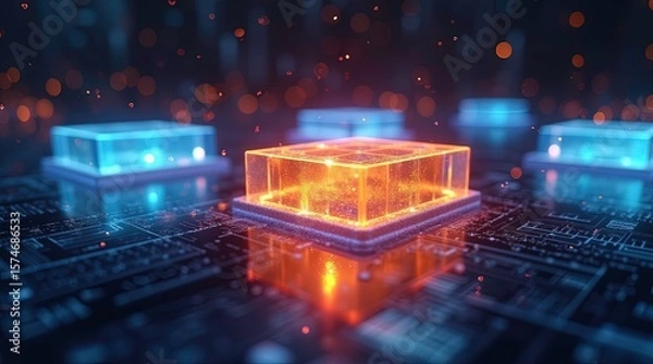 Fototapeta Glowing circuit board with illuminated microchip depicts technology future, AI Generative