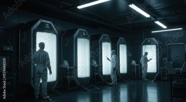 Fototapeta Workers in clean suits observe glowing chambers, hinting at futuristic lab research or storage