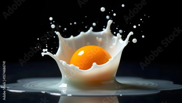 Fototapeta Raw Egg Splash in Mid-Air Impact with Yolk and Shell Explosion on Dark Background