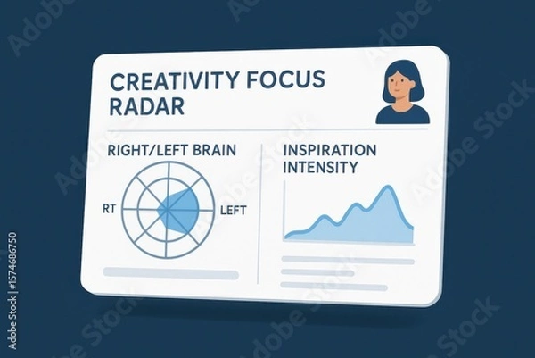 Fototapeta Creativity Focus Radar Display Showing Right and Left Brain Balance, Inspiration Intensity Graph, and Cognitive Profile Card
