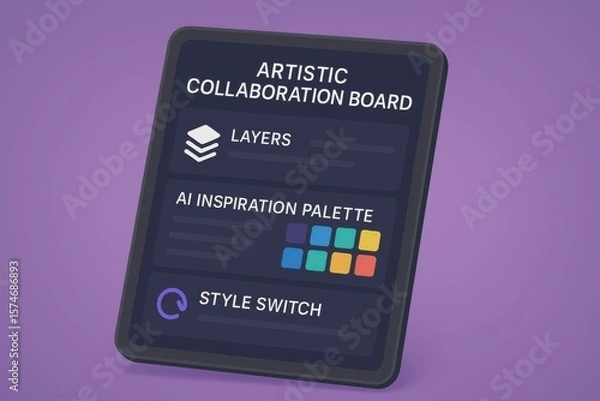 Fototapeta Artistic Collaboration Board Interface Featuring AI Inspiration Palette, Style Switch Toggle, and Layered Design System
