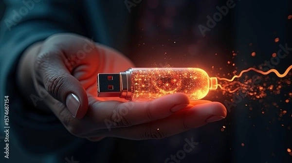 Fototapeta digital hand holding an encrypted USB drive radiates vibrant energy ai generative