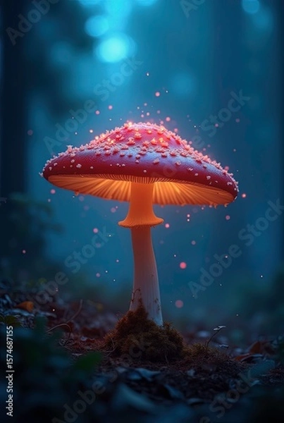 Fototapeta Luminous backlit glowing forest mushroom neon lights, captured in a dark shot, hyperdetailed 3d image