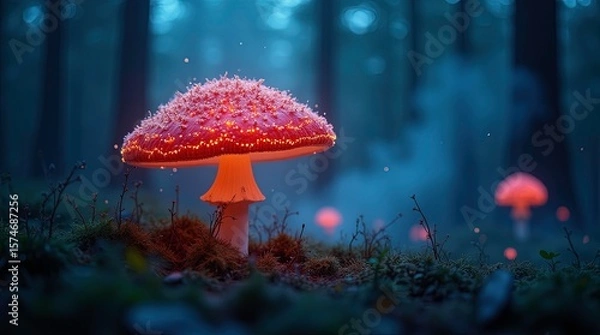 Fototapeta Luminous backlit glowing forest mushroom neon lights, captured in a dark shot, hyperdetailed 3d image