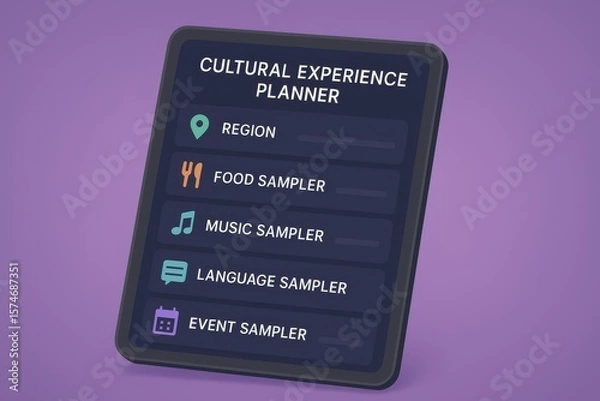 Fototapeta Cultural Experience Planner Display Showing Region Selector, Food and Music Samplers, and Language Exposure Tools
