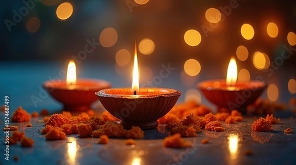 Fototapeta Three glowing oil lamps are arranged with soft bokeh in the background