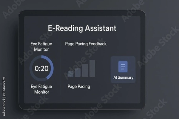 Fototapeta E-Reading Assistant Interface Featuring Eye Fatigue Monitor, Page Pacing Feedback, and AI-Powered Summary Tool
