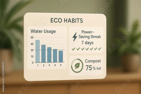 Fototapeta Eco Habits Dashboard Displaying Water Usage Bar Chart, Power Saving Streak, and Compost Fill Status in Green Interface

