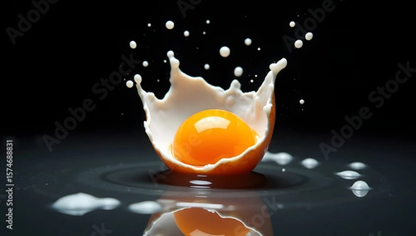Fototapeta Raw Egg Splash in Mid-Air Impact with Yolk and Shell Explosion on Dark Background