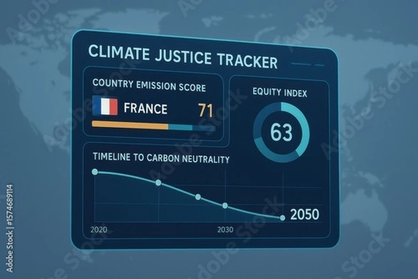 Fototapeta Climate Justice Tracker Displaying Emission Score by Country, Equity Index Ring, and Timeline to Carbon Neutrality
