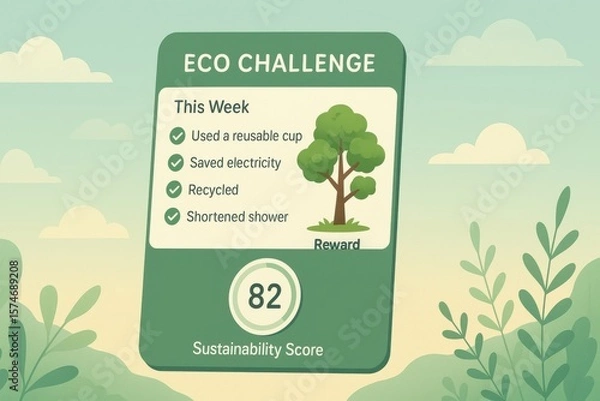 Fototapeta Eco Challenge Dashboard Showing Weekly Green Actions, Sustainability Score, and Personal Climate Behavior Tracking
