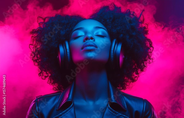 Obraz Vibrant woman immersed in music with headphones under colorful smoke lights at a modern event