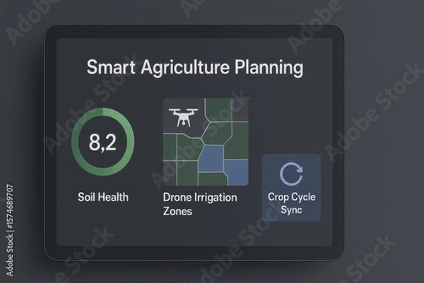 Fototapeta Smart Agriculture Planning Interface Showing Soil Health Score, Drone Irrigation Zones, and Crop Cycle Synchronization
