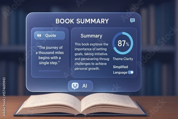 Fototapeta AI Book Summary Interface Displaying Motivational Quote, Theme Clarity Meter, and Simplified Language Toggle on Open Book
