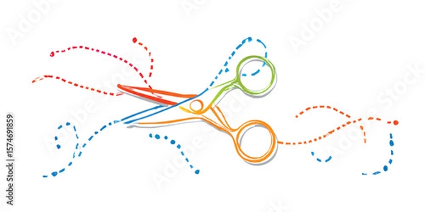 Fototapeta Creative Multicolor Scissors Icon with Curved Dashed Lines