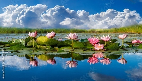 Fototapeta beautiful lotus flowers bloom gracefully on a still water surface surrounded by lush green leaves and reflecting a serene blue sky with soft clouds