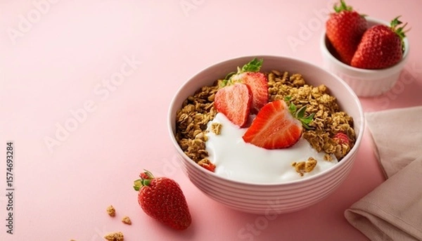 Fototapeta bowl of granola with yogurt and strawberries against a soft pink background