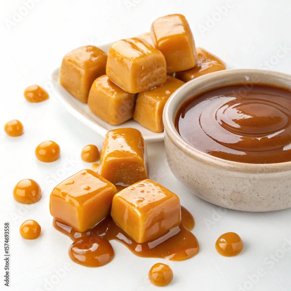 Fototapeta An appetizing close-up of chewy caramel pieces with a thick, syrupy caramel drizzle.