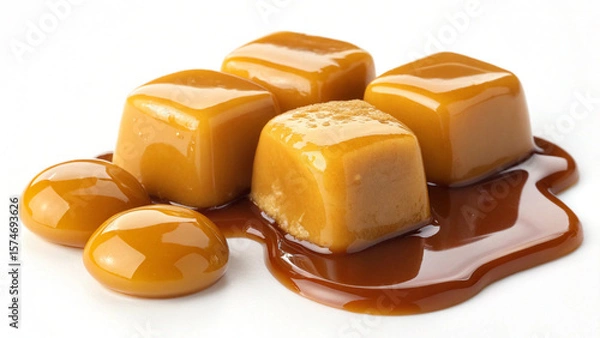 Fototapeta High-contrast image of soft caramel candies dripping with a luxurious golden caramel drizzle.